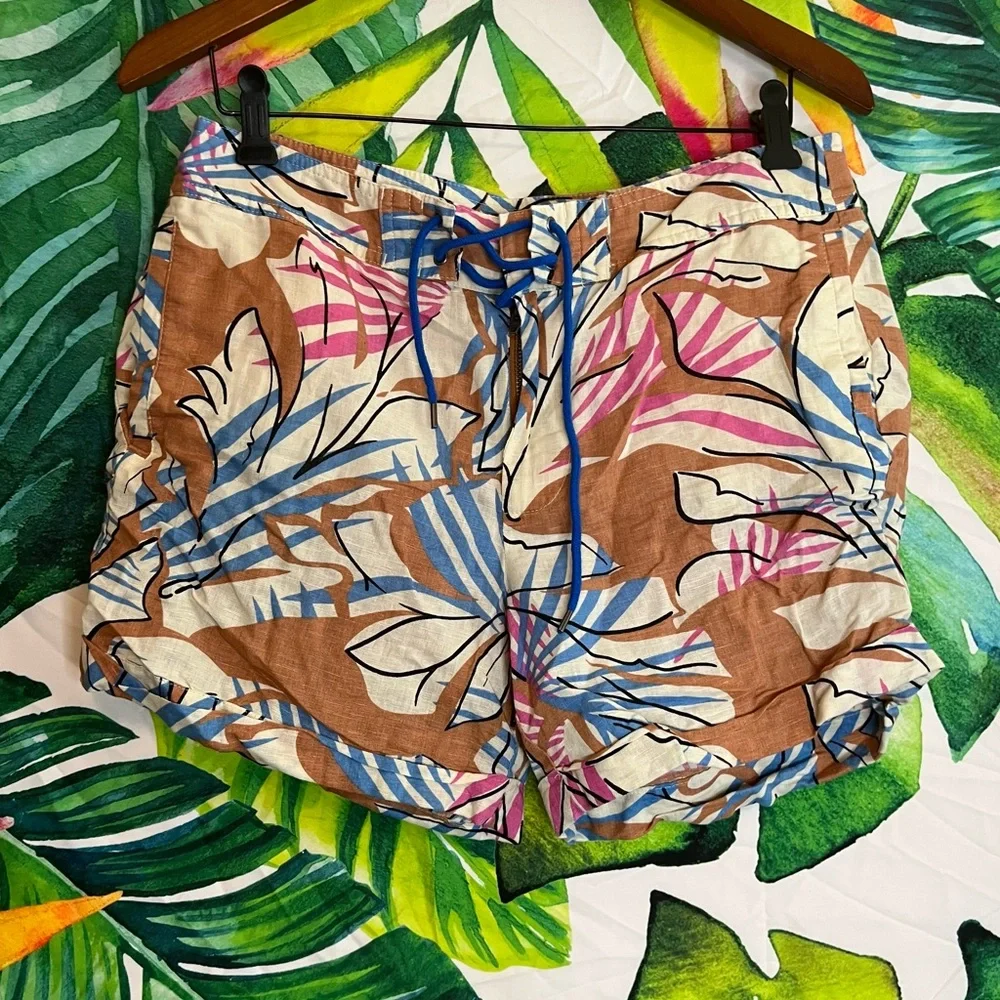 J. Crew 6 Tan Blue Preppy Tropical Cruise Vacation Lace Up Linen Beach Shorts